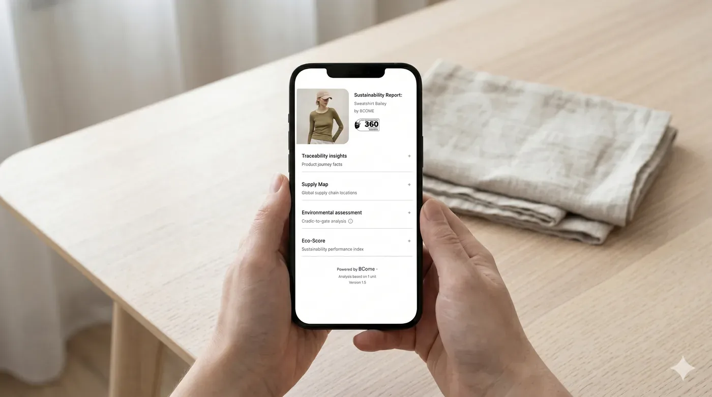 A phone showing a BCome sustainability report for a garment