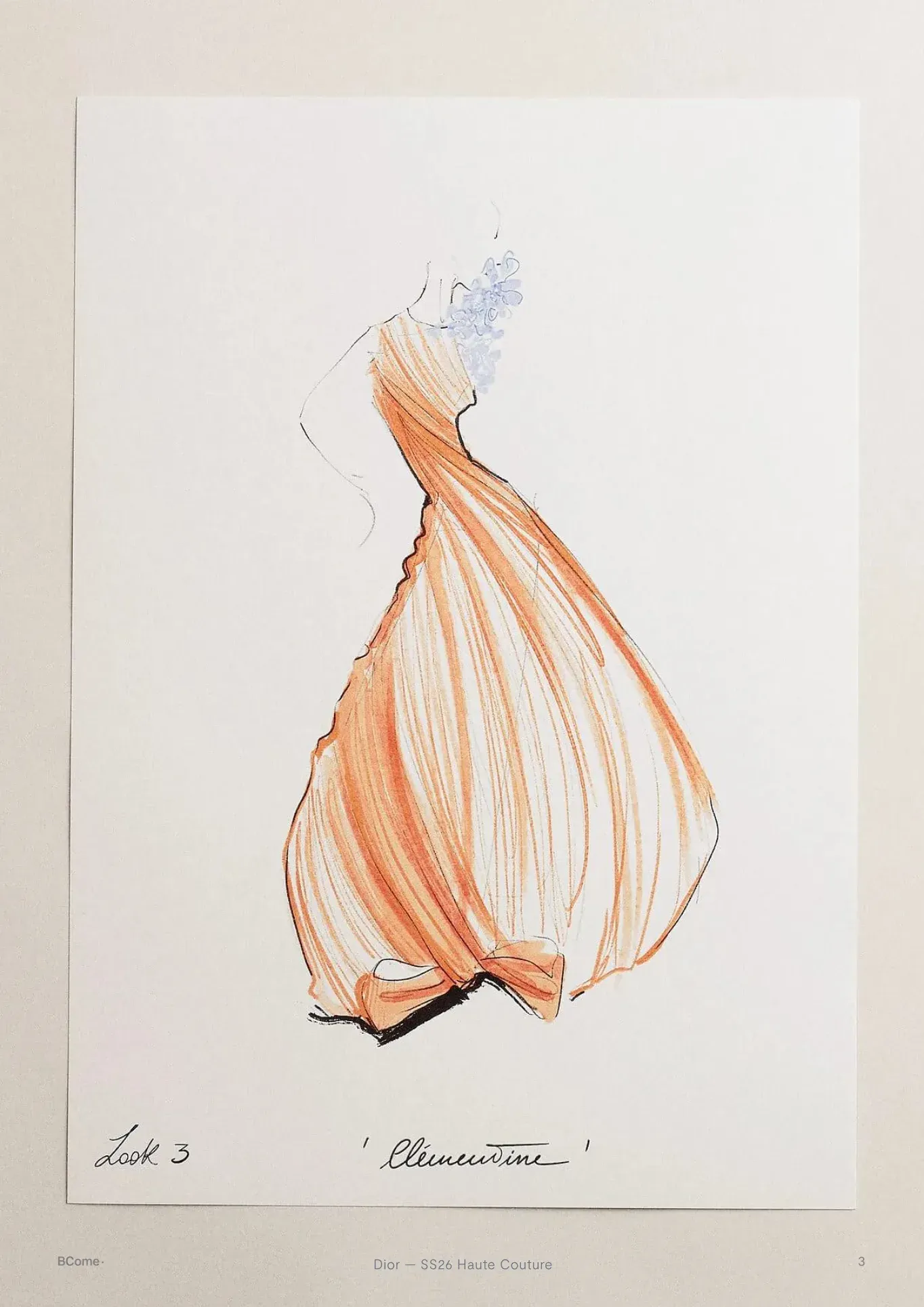 Fashion illustration of a Dior SS26 haute couture gown